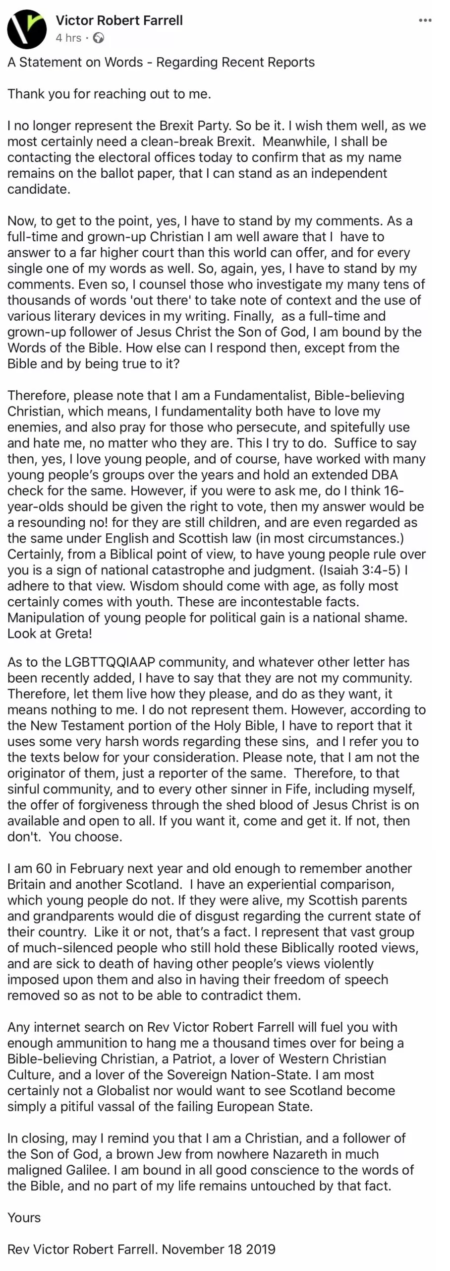 Facebook Post le Victor Farrell